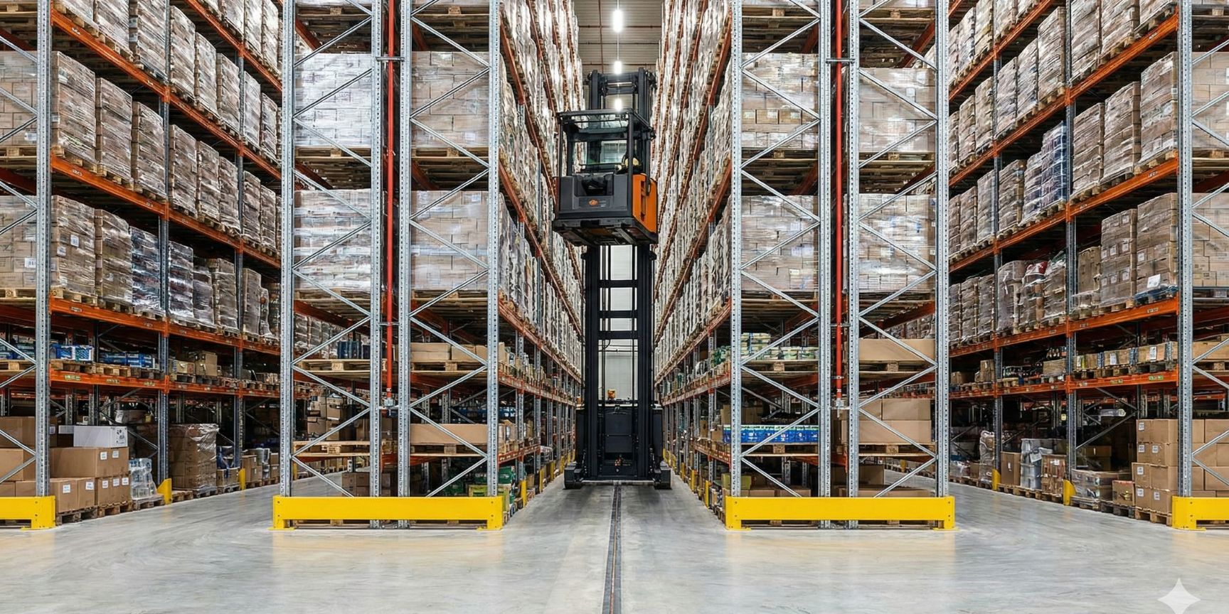 Innenansicht eines modernen Schmalganglagers (VNA) mit einem Man-Up Schmalgangstapler, der in einem sehr engen Regalgang mit hohen Palettenregalen operiert. Am Boden ist die Induktivführung für das Flurförderzeug sichtbar.